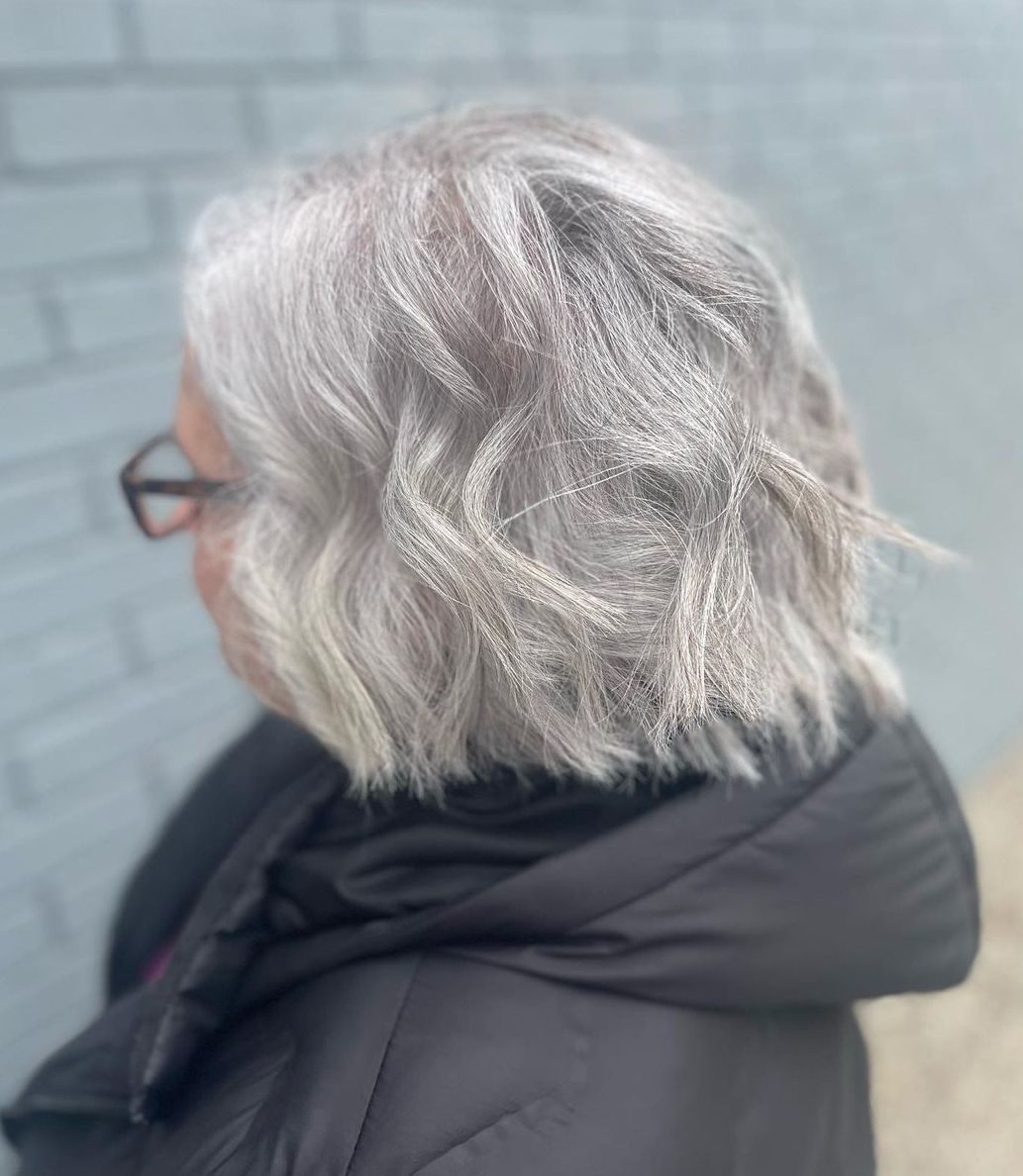 Blunt Wavy Gray Bob with Glasses