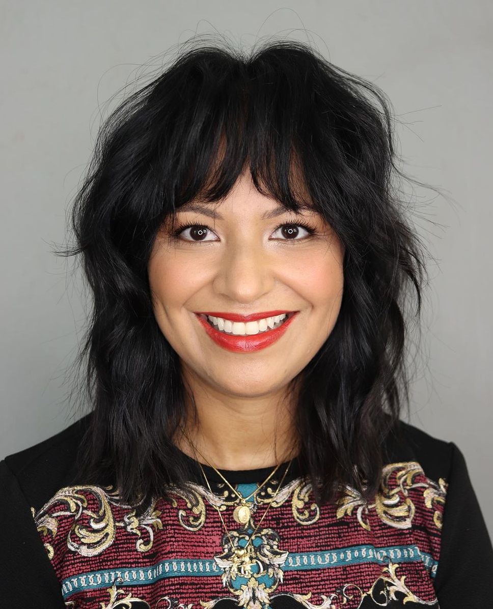 40+ Black Wavy Shag with Bangs